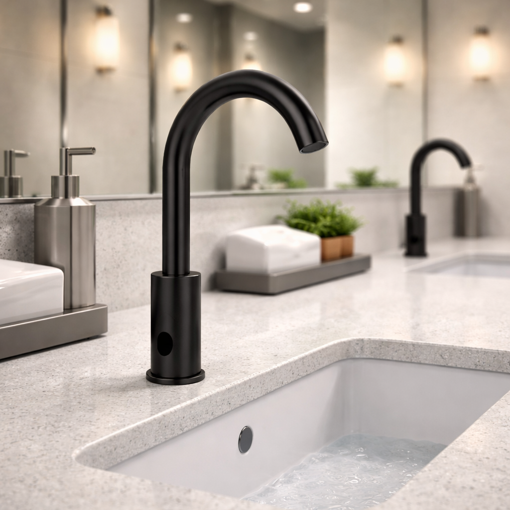 BathSelect matte black goose neck automatic commercial faucet